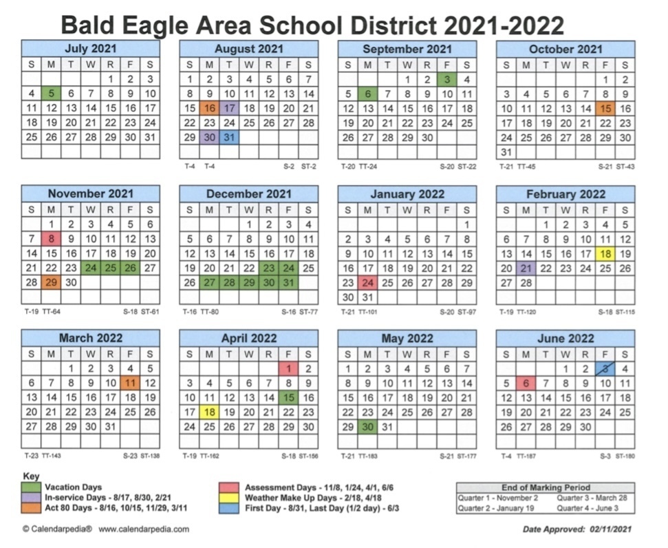 District Approved 2021 2022 School Year Calendar BALD EAGLE AREA District Approved 2021 2022 School Year Calendar BALD EAGLE AREA