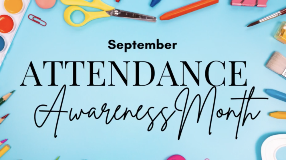 text: september attendance awareness month. text is surrounded by school supplies