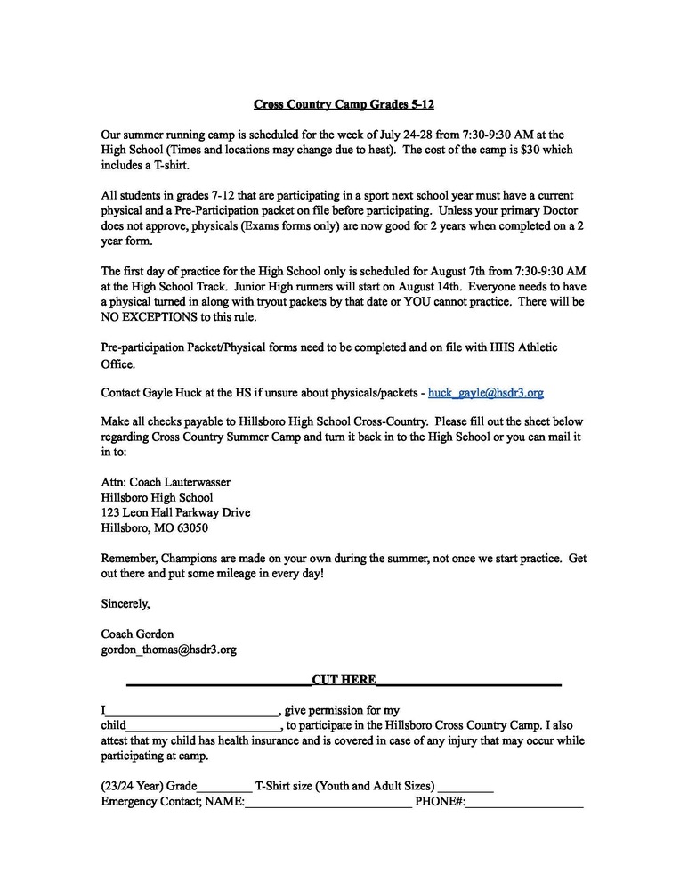 Cross Country Camp Registration Hillsboro High School