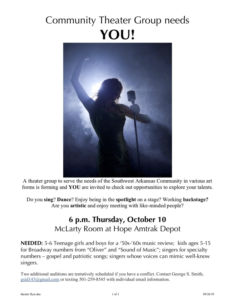 Theater company auditions slated