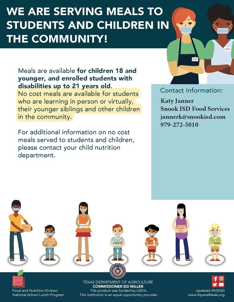 Meals are available for children 18 and younger, and enrolled students with disabilities up to 21 years old. No cost meals are available for students who are learning in person or virtually, their younger siblings and other children in the community. For additional information on no cost meals served to students and children, please contact your child nutrition department.