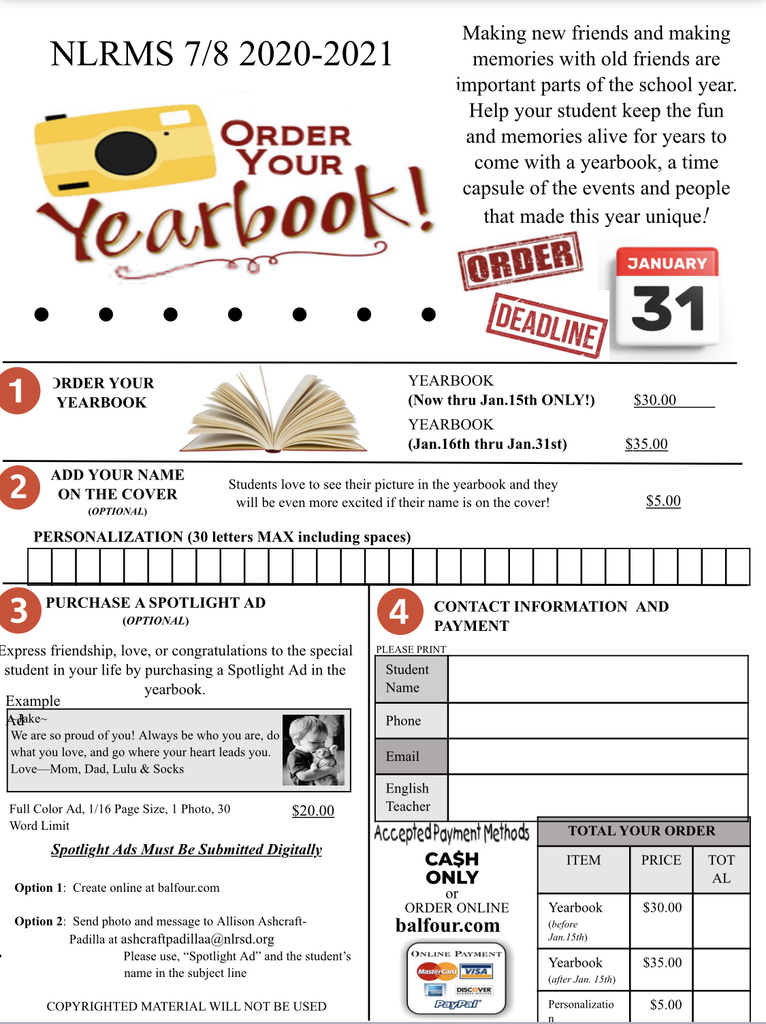 Yearbook order form 2020-2021 NLRMS 7/8