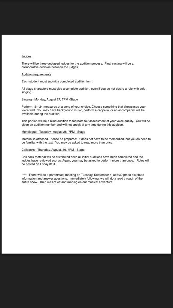 Monologue material will be available at the HS on Thursday, August 23rd. 