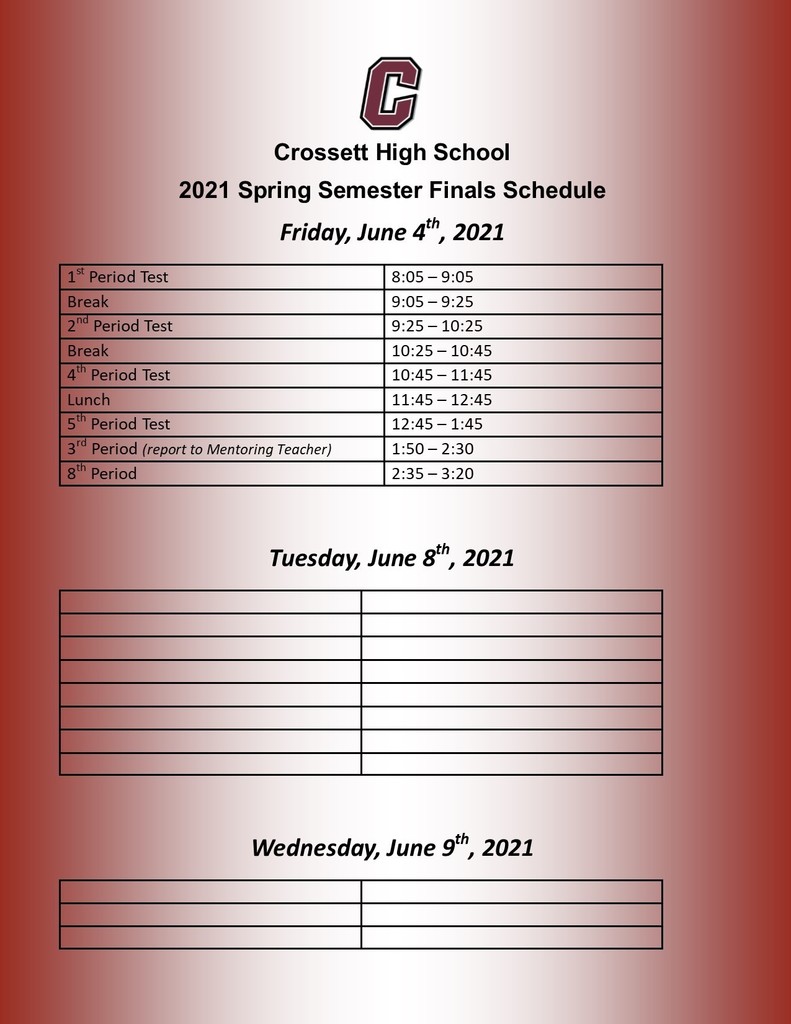 Spring 2021 Semester Finals Schedule