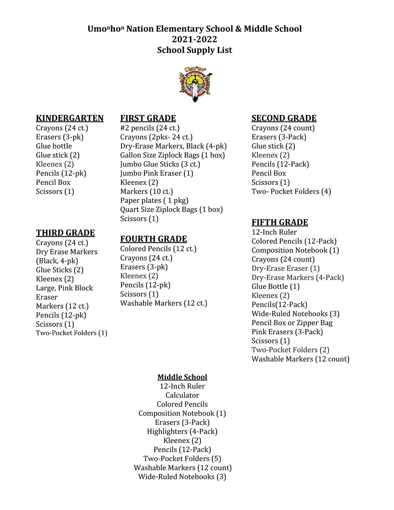 K-8 School Supply List