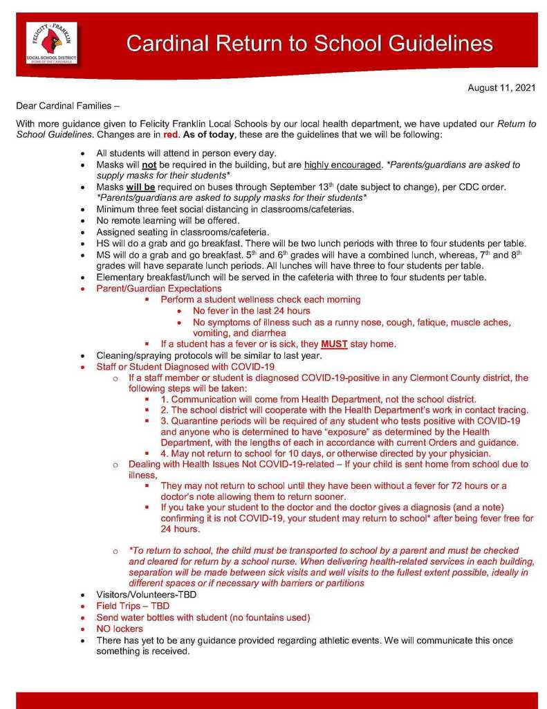 Return to School Guidelines - UPDATED
