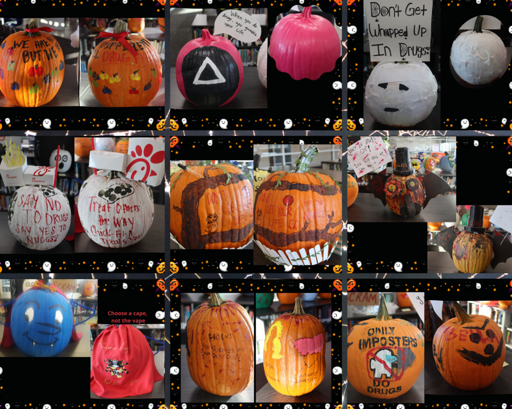 Image that has 9 pumpkins that were decorated for Red Ribbon Week.