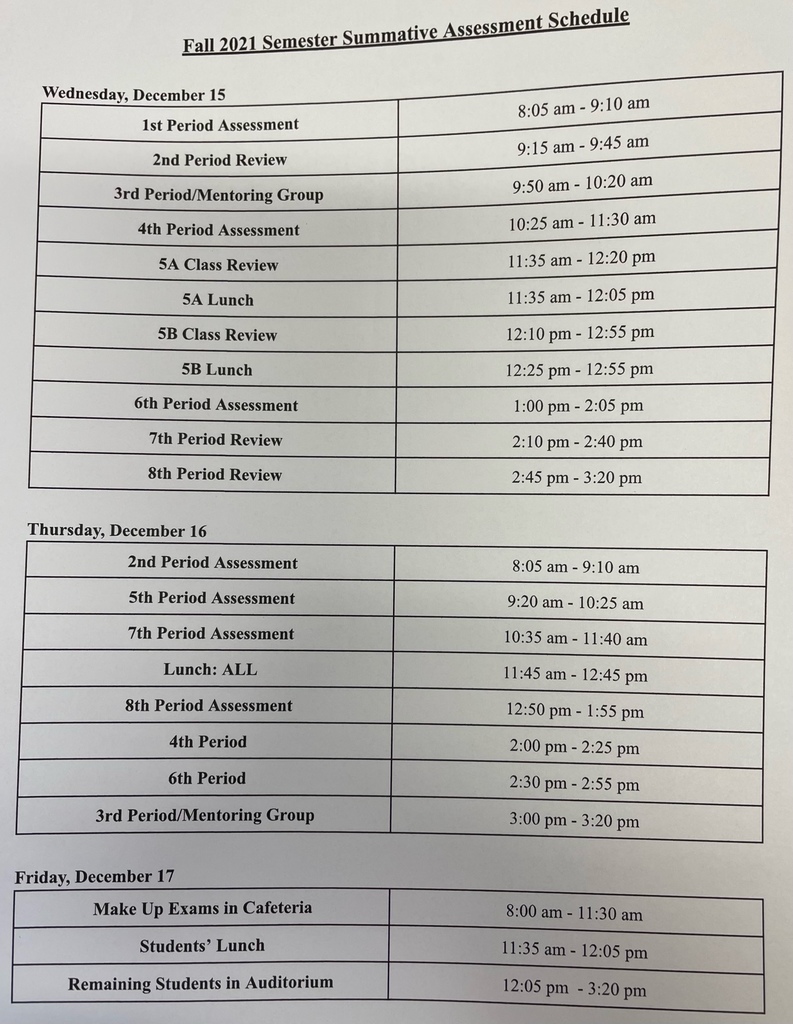Fall Summative Assessment Schedule 