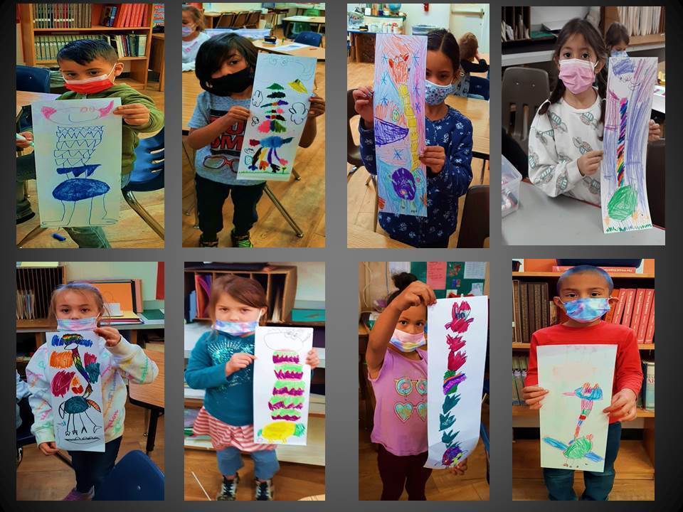 Kindergarten Art Class celebrates Read Across AmericaWe created our own Tizzled Topped Tufted Mazurka Birdsfrom Dr. Seuss’ book If I Ran the Zoo