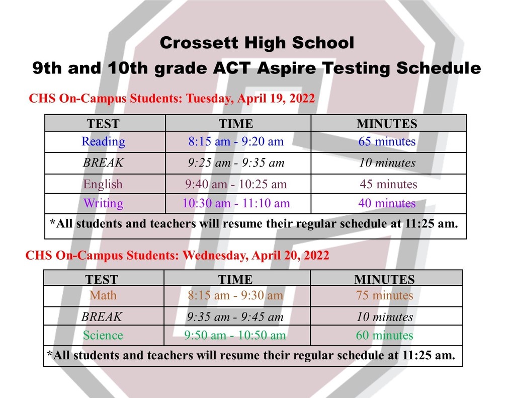 ACT Aspire Testing Schedule 22