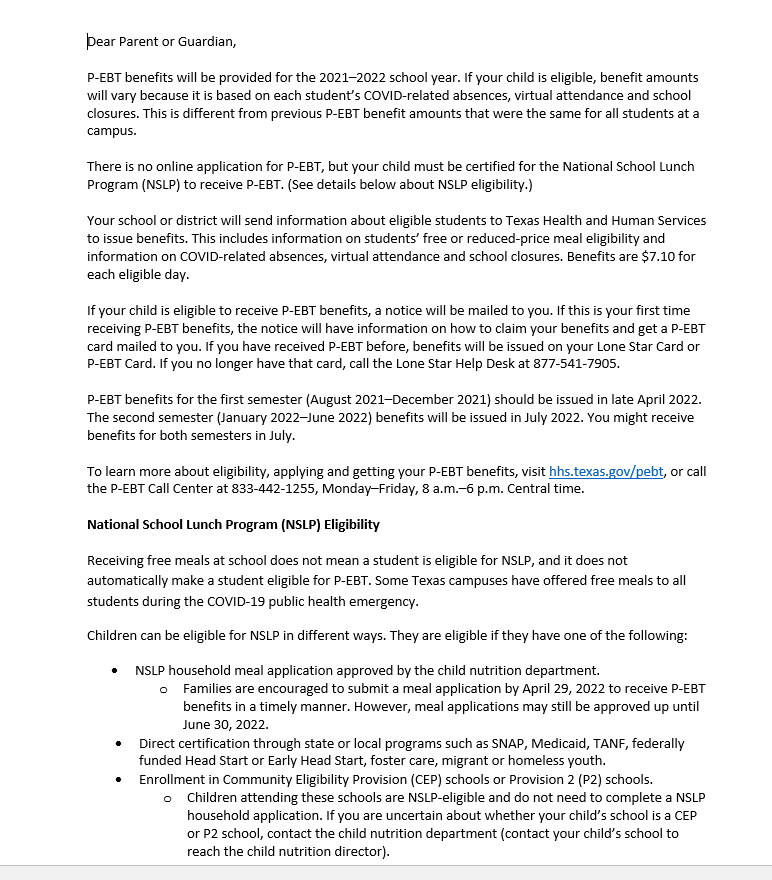 21-22 P-EBT Letters for Families & Schools