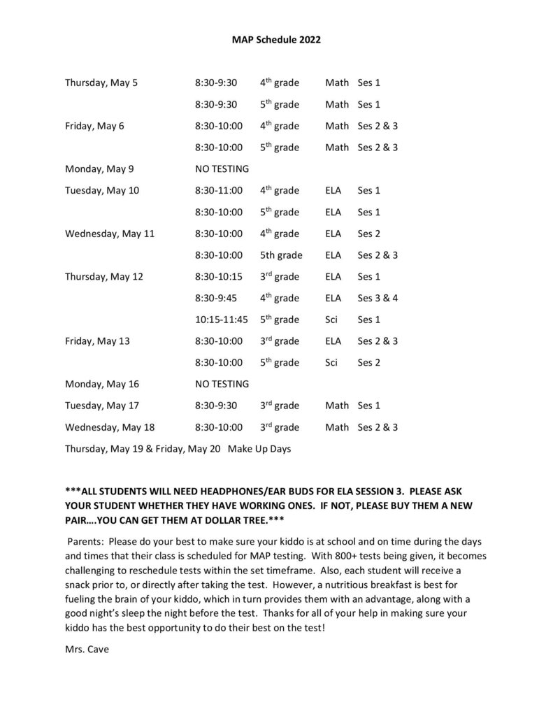 CRE MAP Testing Schedule