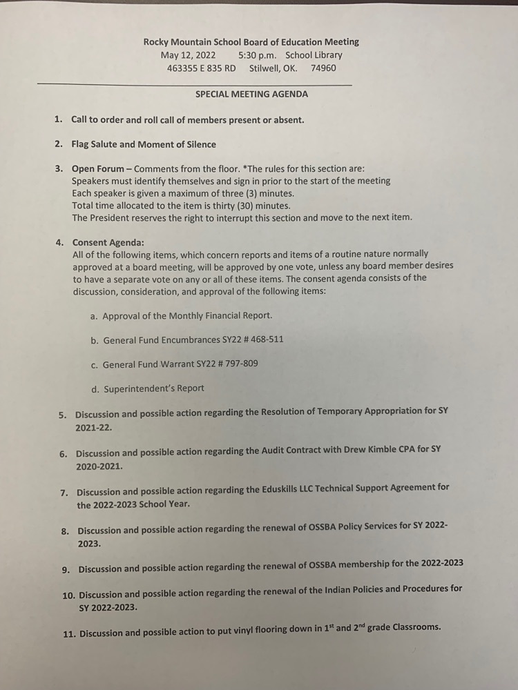 May 2022 School Board Meeting Agenda pg 1