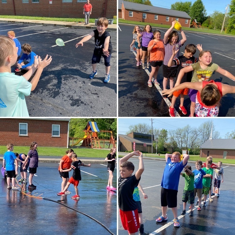 Relay sponge relay, sprinklers and water balloon toss.