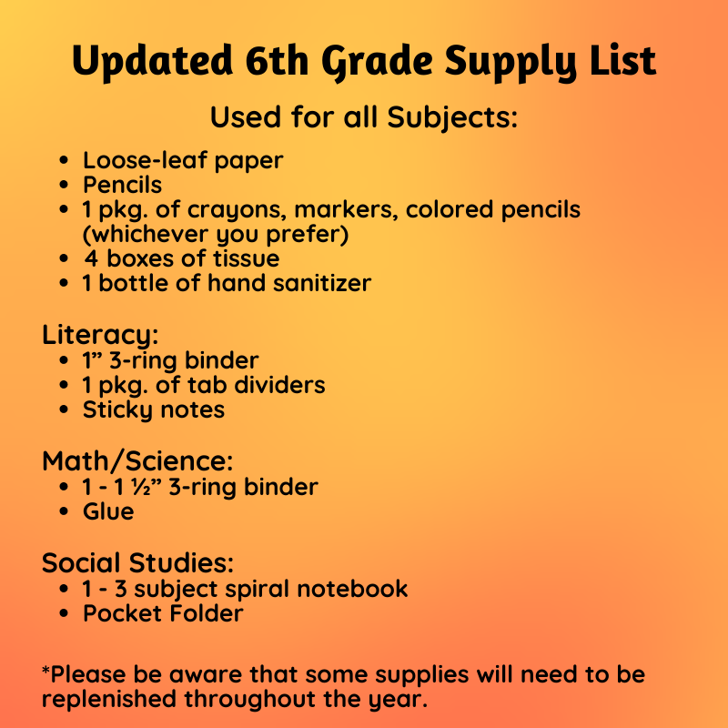 6th Grade Supply List
