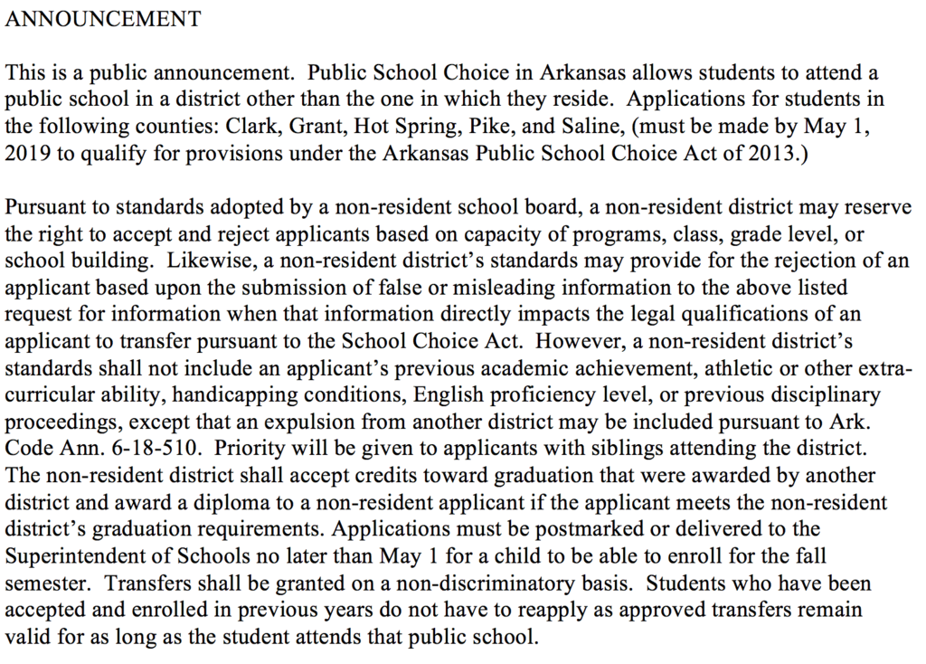 School Choice Legal Announcement