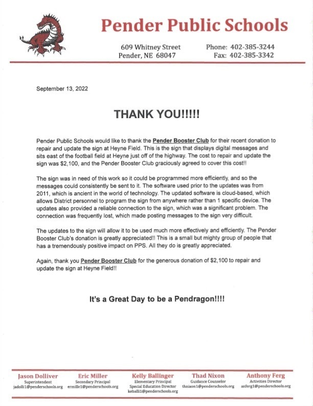 Booster Club Thank You