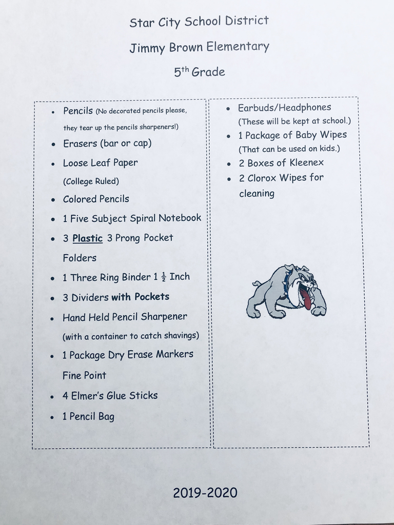 5th grade supply list