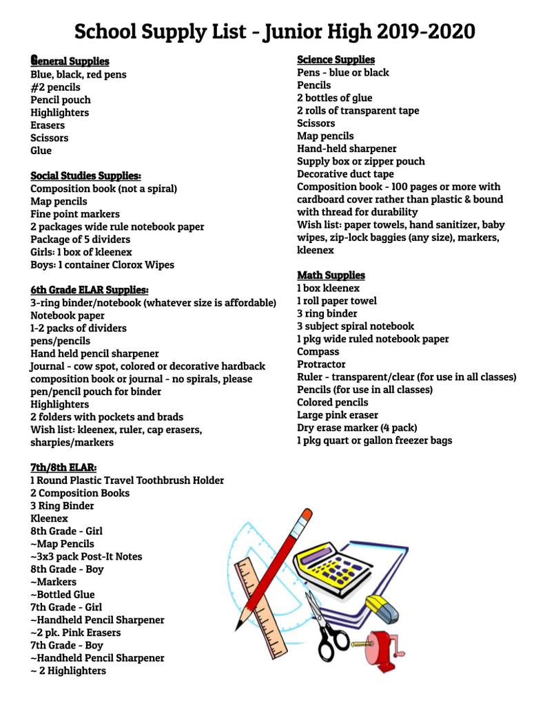Junior High Supply List
