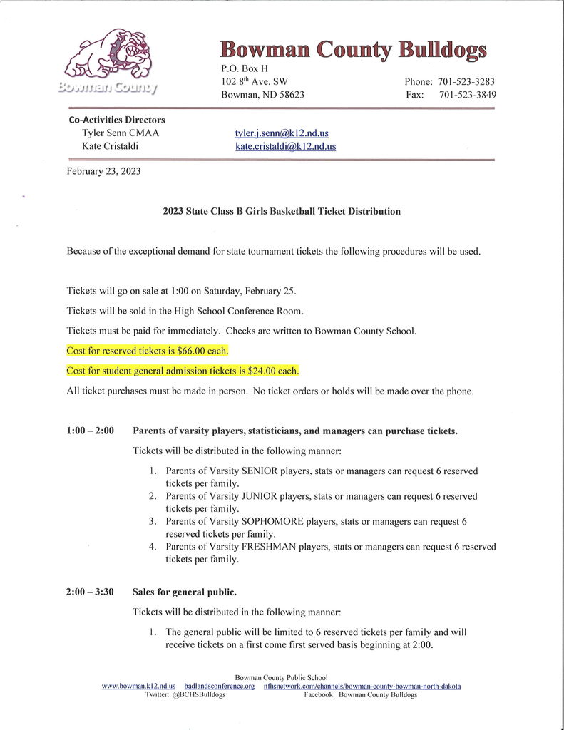 GBB State Ticket Information