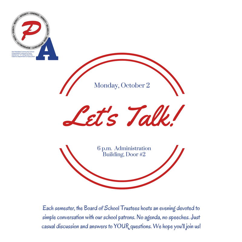 "Let's Talk" is a casual conversation between patrons and the board, and will be held October 2 at 6 pm. Enter Door 2 of the Administration Building.