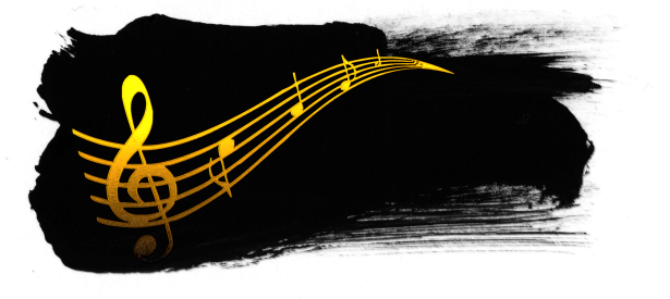 gold treble clef and staff on black