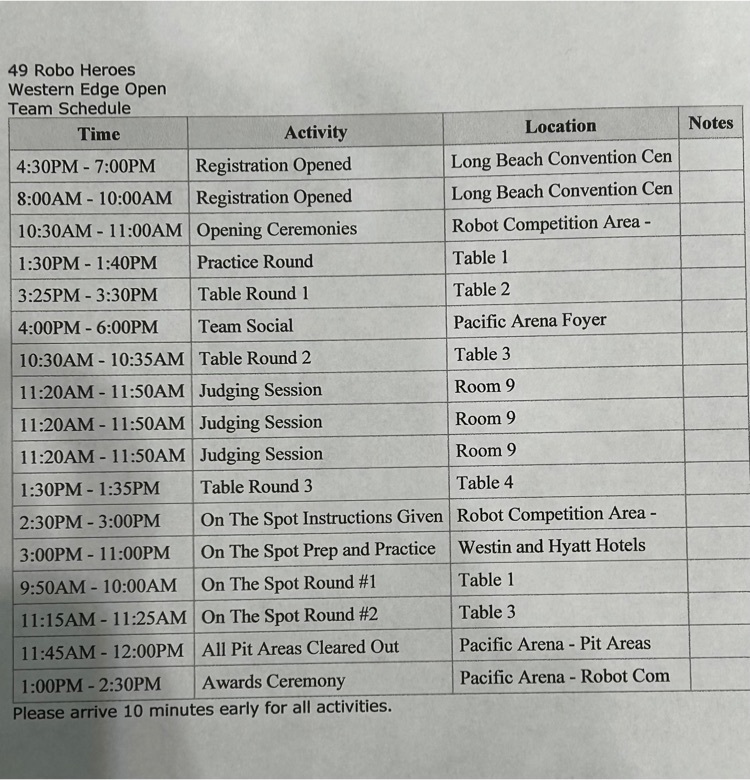 Robo Hero Schedule