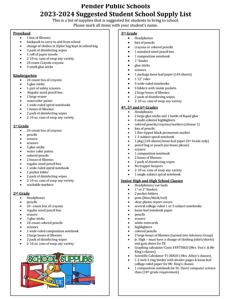 2023-2024 School Supply List