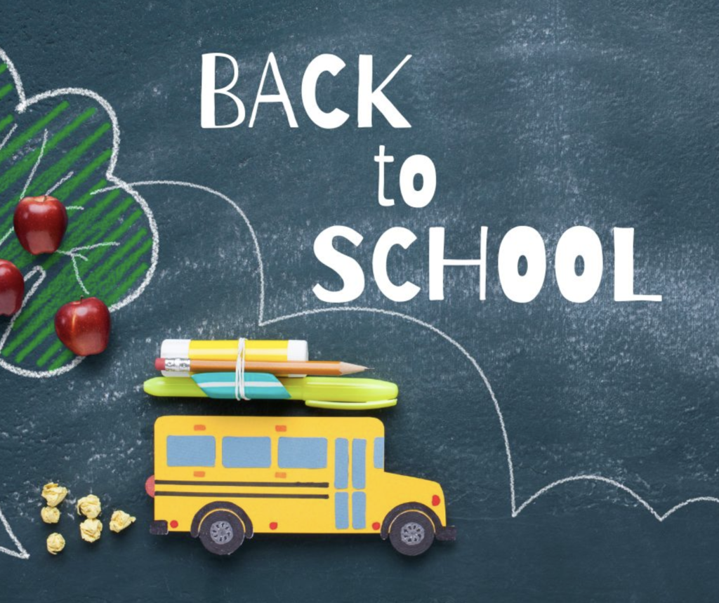 back to school clipart with supplies and chalk line