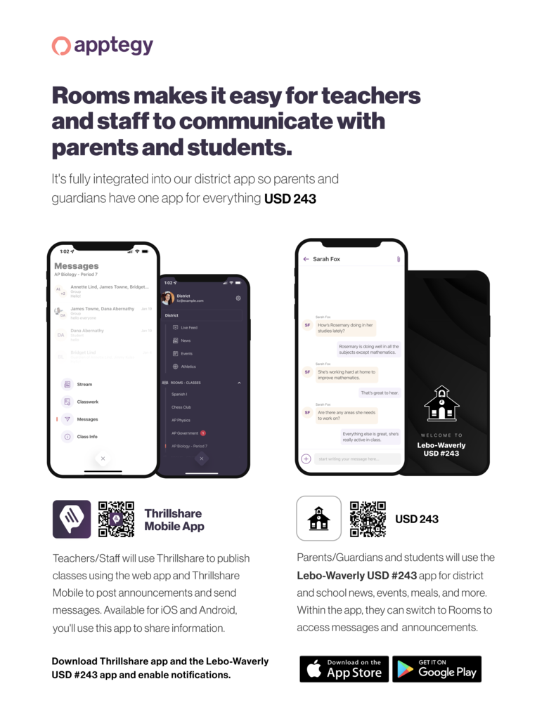 picture of Rooms app Rooms makes it easy for teachers and staff to communicate with parents and students. It's fully integrated into our district app so parents and guardians have one app for everything USD 243.  There are also QR codes at the bottom of the picture for easy download 