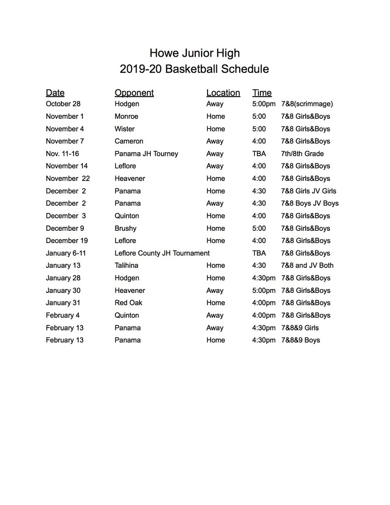 Junior High Basket Ball Schedule
