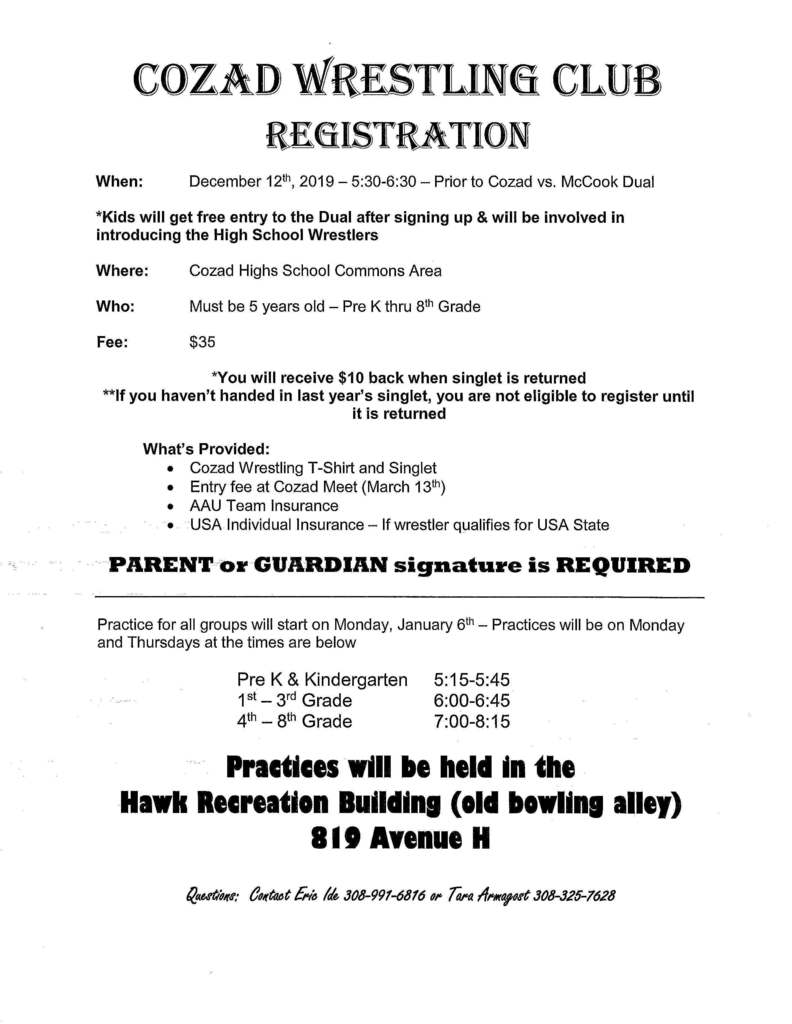 Cozad Wrestling Club Registration