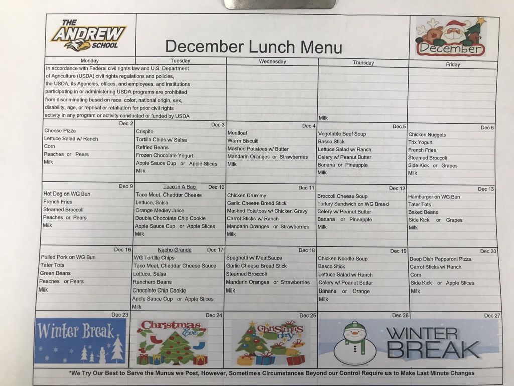 Dec Lunch Menu