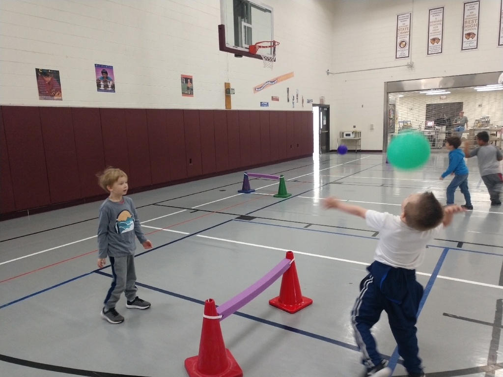 kindergarten is learning how to volley in PE