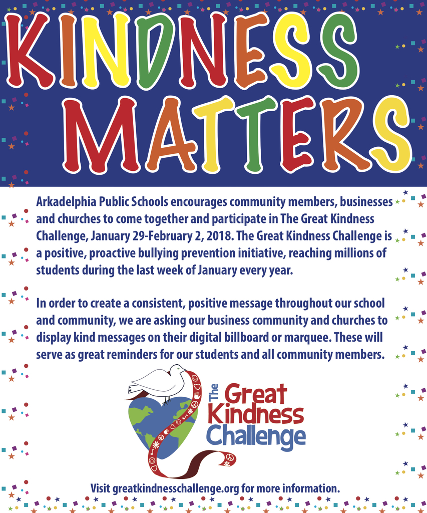 Great Kindness Week Challenge flyer - encouraging Arkadelphia community to be kind