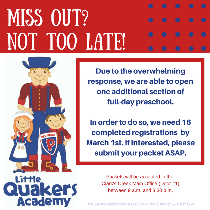 Miss out? Not too late! We're able to add one more class of full-day preschool if we receive 16 registrations by March 1st.