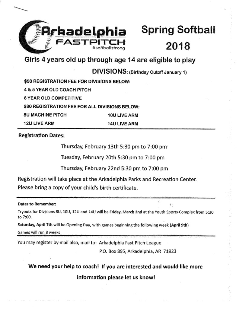 spring softball registration open - flyer