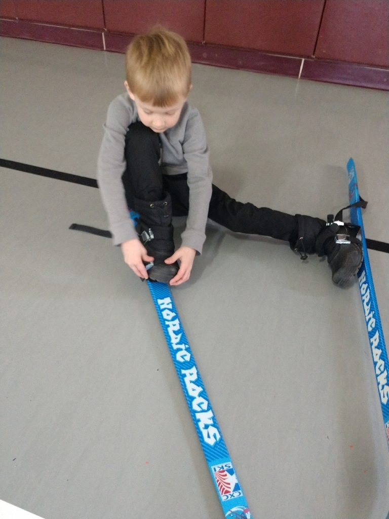 Day 1 of cross country skiing in PE with Mrs. Stanley...K, 1st, and 2nd watched a short video about cross country skiing and everyone  was able to get their skis on and take them off today! 