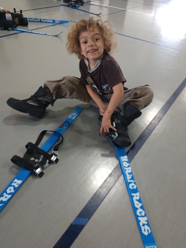 Day 1 of cross country skiing in PE with Mrs. Stanley...K, 1st, and 2nd watched a short video about cross country skiing and everyone  was able to get their skis on and take them off today! 