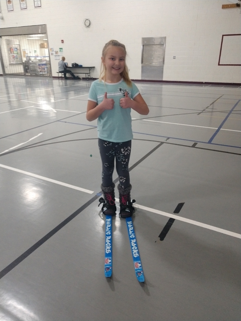 Day 1 of cross country skiing in PE with Mrs. Stanley...K, 1st, and 2nd watched a short video about cross country skiing and everyone  was able to get their skis on and take them off today! 