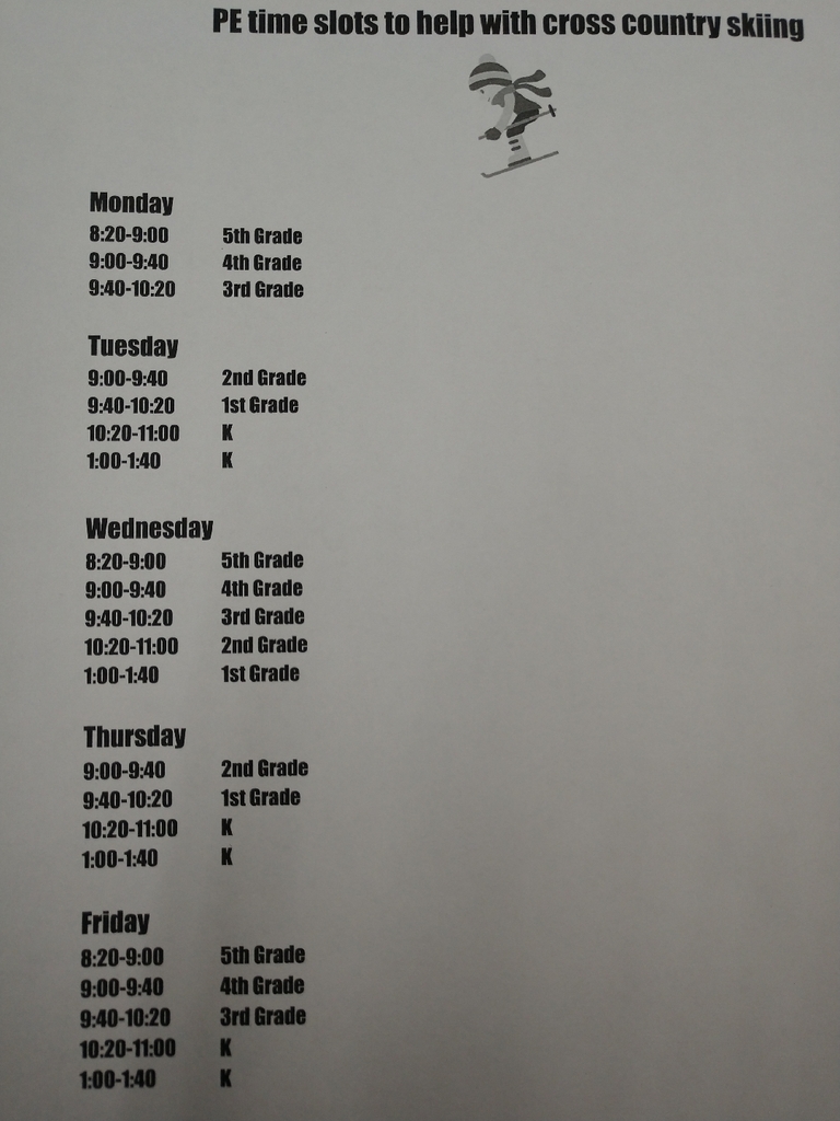 Mrs. Stanley is looking for volunteers to help with skiing in PE. Available time slots are pictured below. If you are interested in volunteering please make sure you have a current 2019-2020 volunteer form on file, and email Mrs.Stanely at stanleym@ags-schools.org.