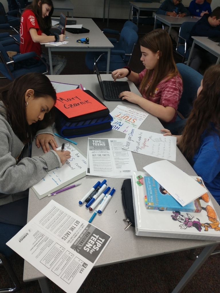 7th grade health students are at work creating antidrug announcements for Mr.Zeien to read.