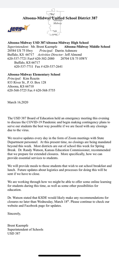 COVID 19 update from emergency board meeting 03/16/2020