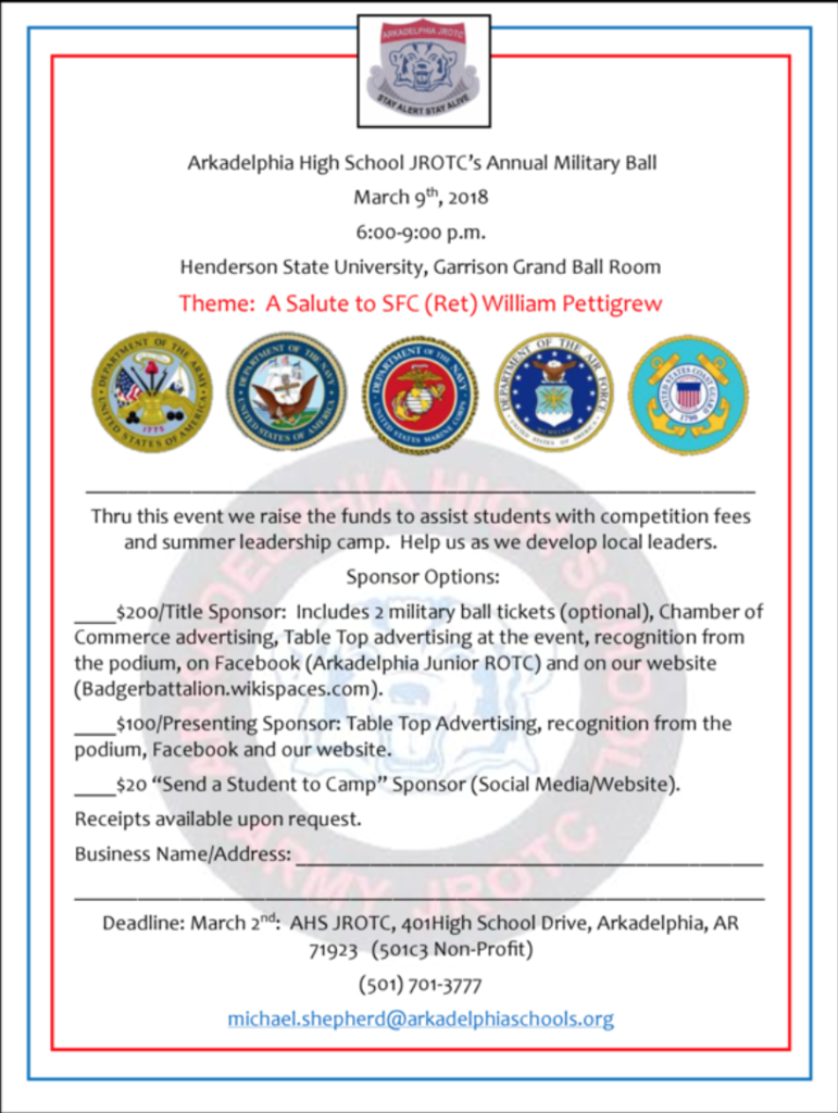 AHS Junior ROTC Military Ball Sponsorship Options flyer