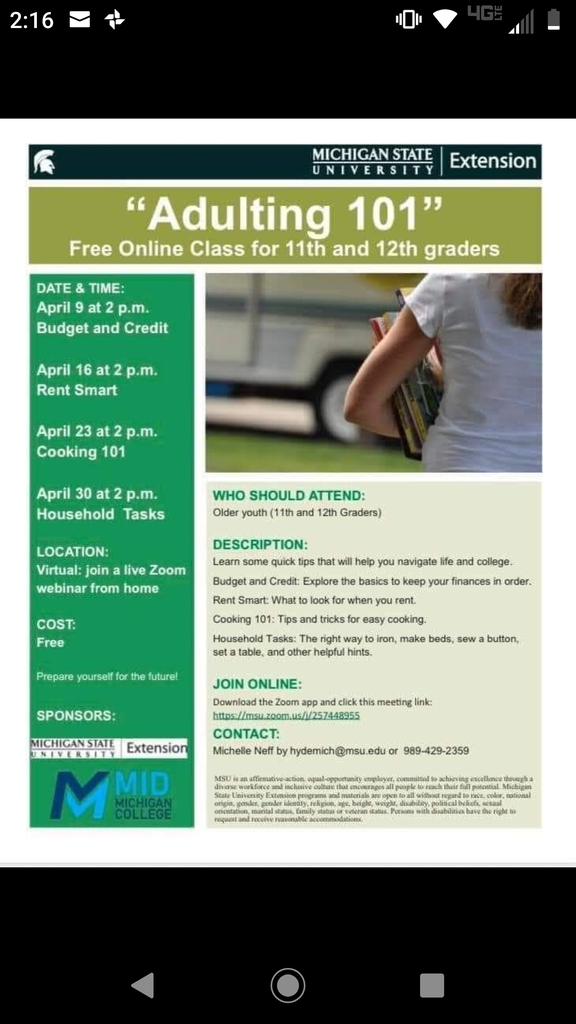 Juniors and Seniors learn some quick tips that will help you navigate life and college. Download the Zoom app and click this meeting link:
https://msu.zoom.us/j/257448955