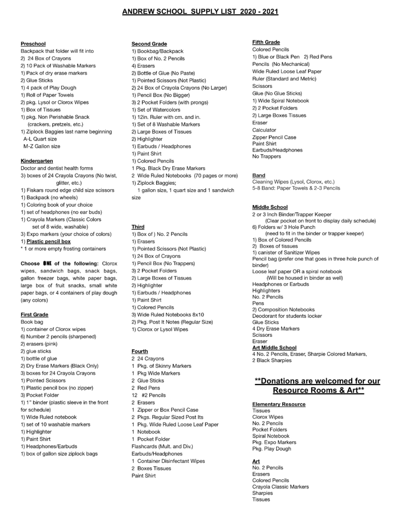 School supply list