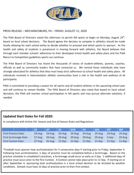 PIAA Update 8/21/20
