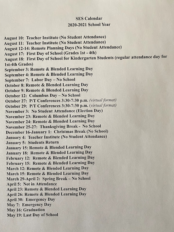 Updated SES School Calendar 2020-2021