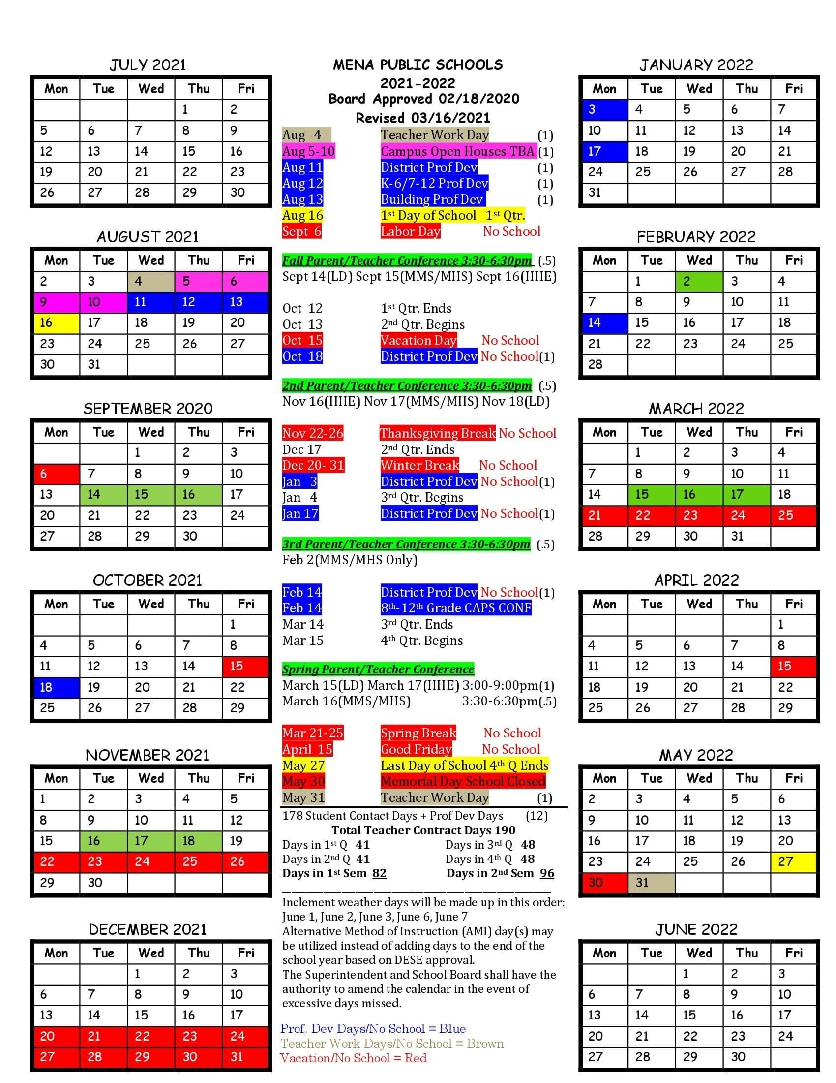 Revised 2021/2022 Calendar ! | Mena School District