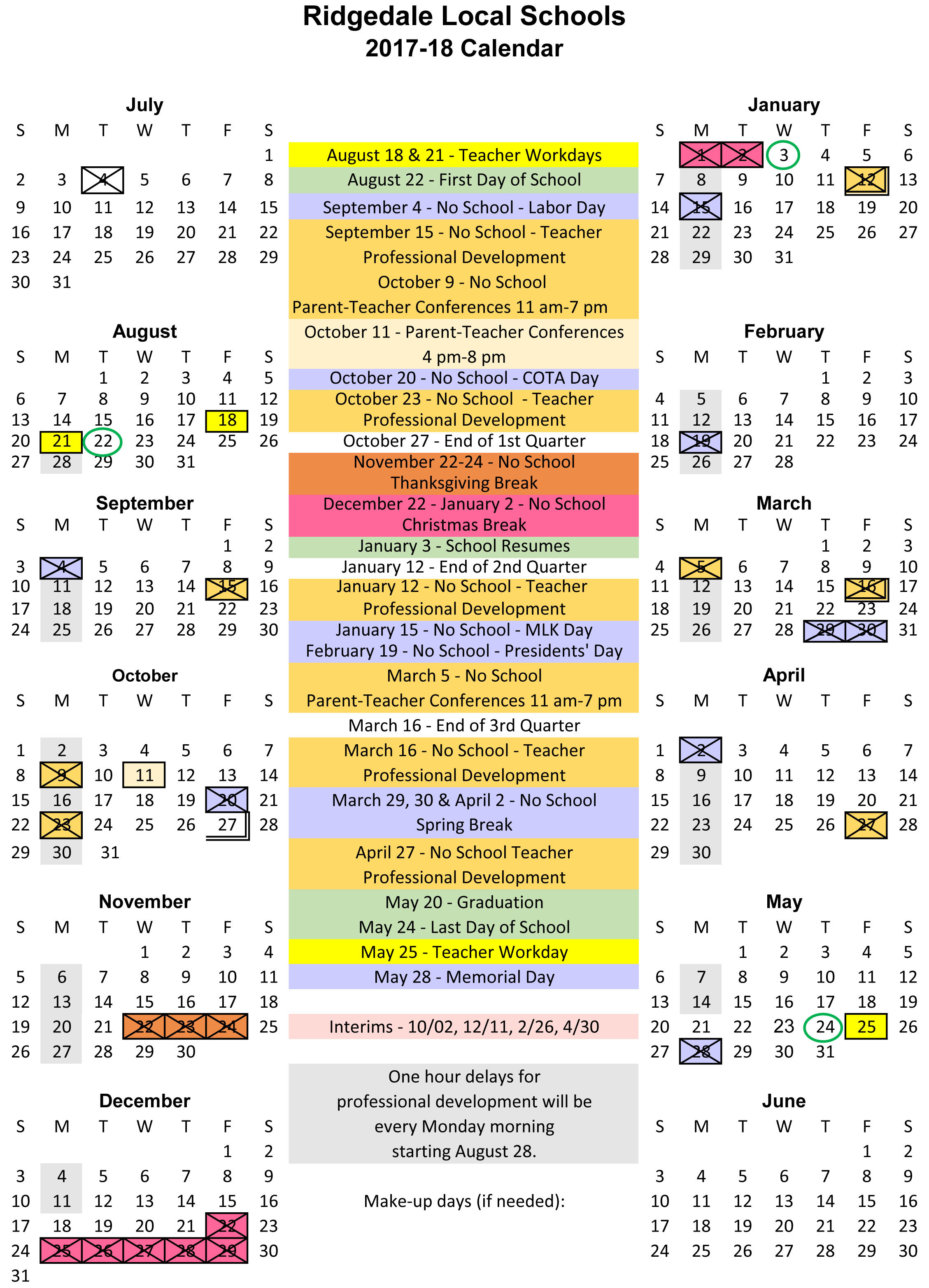 2017-2018 School Calendar | Ridgedale Local School District